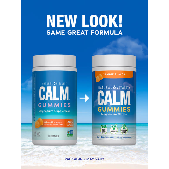 View 3 Natural Vitality Calm Orange 60 Gummies bottles, old packaging (left) and new packaging (right). Text: 'NEW LOOK! SAME GREAT FORMULA'.