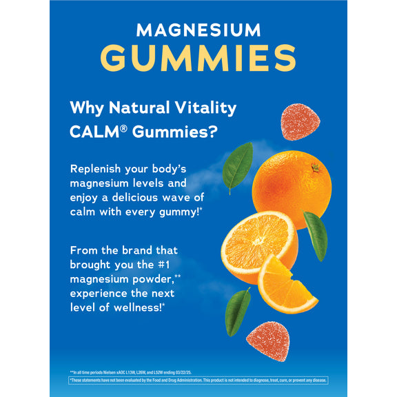 View 6 MAGNESIUM GUMMIES, Natural Vitality CALM®, orange flavor. Shows two sugar-coated gummies with a whole orange, slices, and leaves.