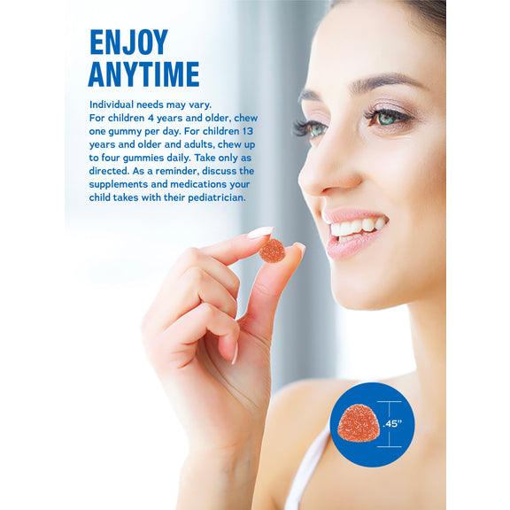 View 3 A young adult woman smiling while holding an orange gummy. Text reads 'ENJOY ANYTIME'. A diagram shows the gummy is .45'' tall.