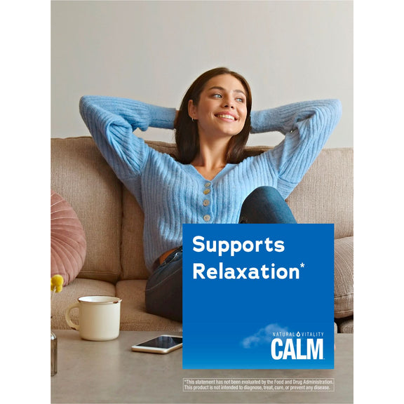 View 4 Young woman relaxing on a sofa, smiling, with a graphic that says 'Supports Relaxation' and 'CALM'.