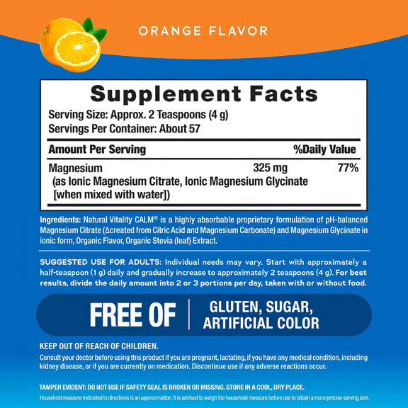 View 2 Supplement Facts for NV Calm Orange 8 oz Powder, detailing ingredients, nutritional information, and serving suggestions.