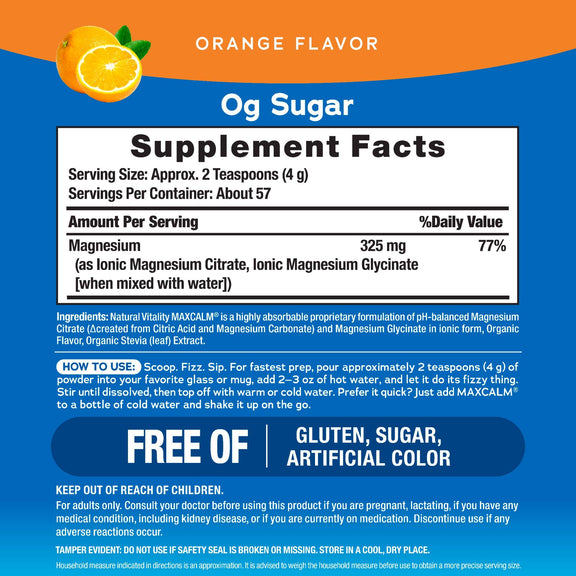 View 2 Supplement Facts panel for NV Calm Orange, 8 oz (226 g) bottle, detailing ingredients and nutritional information.