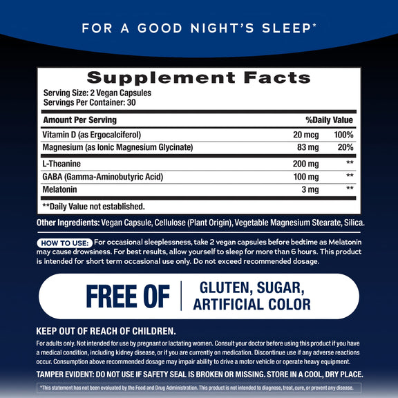 View 2 Supplement Facts for Calm Sleep Mag Glycinate with Melatonin in 60 vegetable capsules.