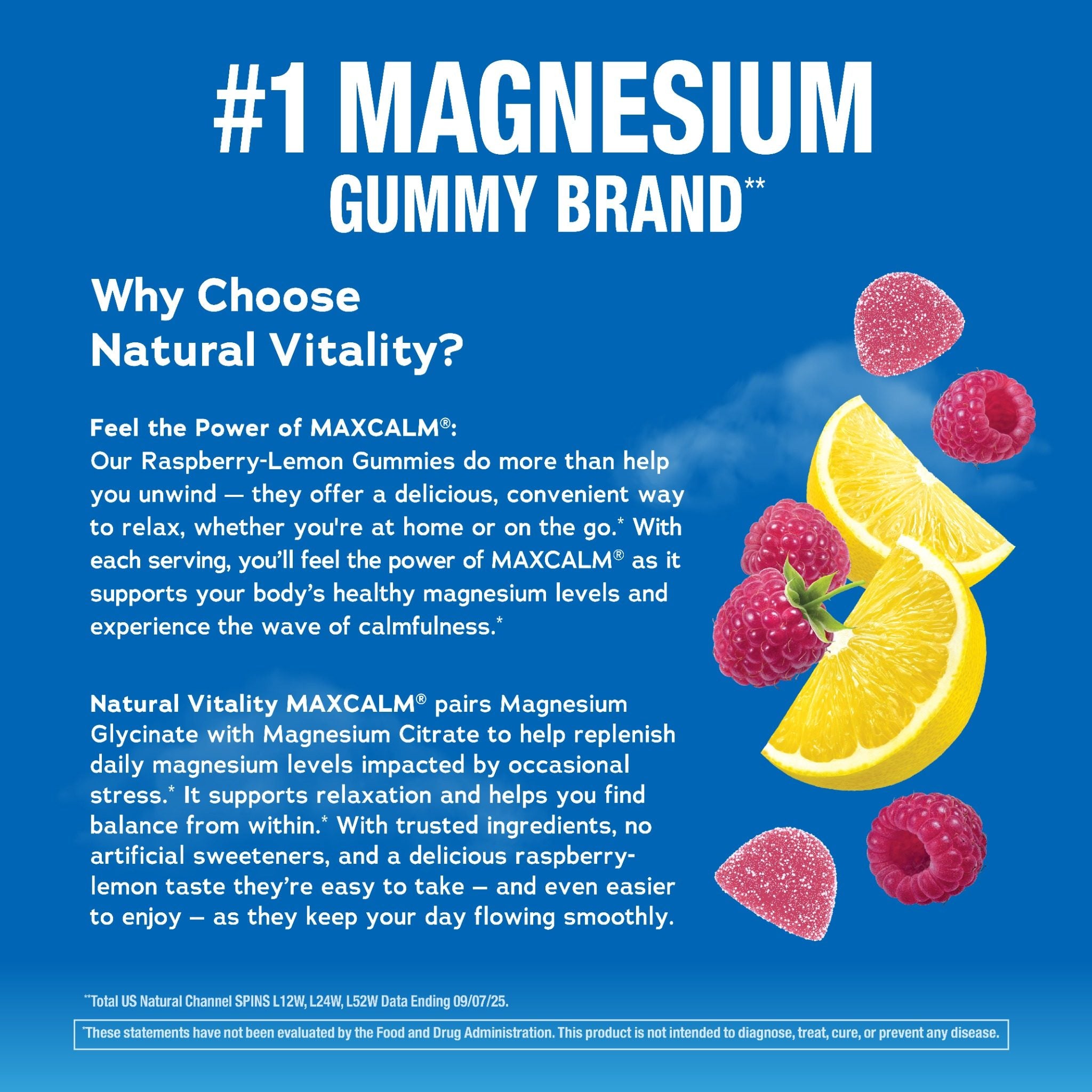 IMAGE 6 of 6 - Natural Vitality Calm Raspberry Lemon Gummies with raspberries, lemon slices, and the text '