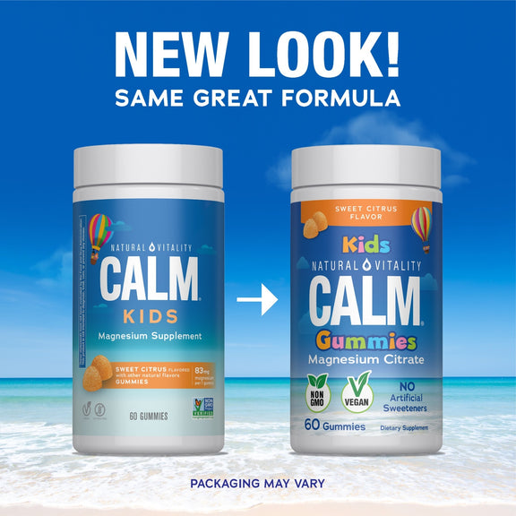 View 3 New and old packaging for Natural Vitality Kids Calm Magnesium Citrate Gummies, Sweet Citrus, 60 count. Same great formula.