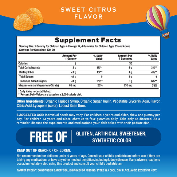 View 2 Supplement Facts label for NV Kids Calm Orange Gummies, 120 count.