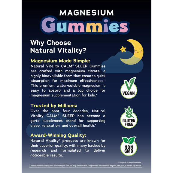 View 6 Infographic stating Magnesium Gummies are made with magnesium citrate for effectiveness, trusted for sleep & relaxation, and are Vegan, Gluten Free, Non GMO.