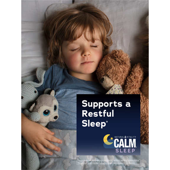 View 5 Young child sleeping peacefully with two stuffed animals, next to a graphic stating 'Supports a Restful Sleep' for Kids Calm Sleep.