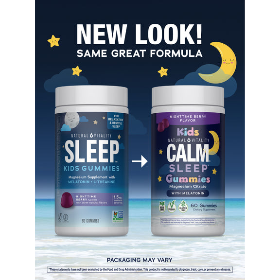 View 3 Natural Vitality Kids Calm Sleep Gummies with Magnesium and Melatonin, showing new packaging and previous bottle design.