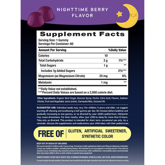 View 2 Supplement Facts panel for NV Kids Calm Sleep gummies with magnesium and melatonin, berry flavor, 60 gummies per package.