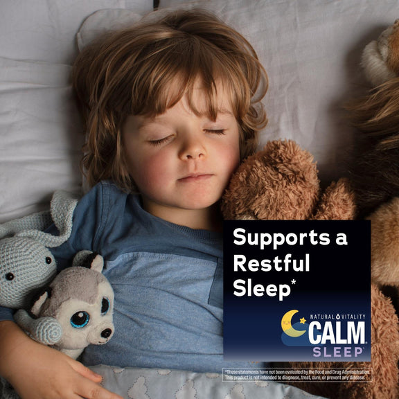View 5 A young child sleeps in bed, cuddling stuffed animals, next to a graphic promoting Calm Sleep.