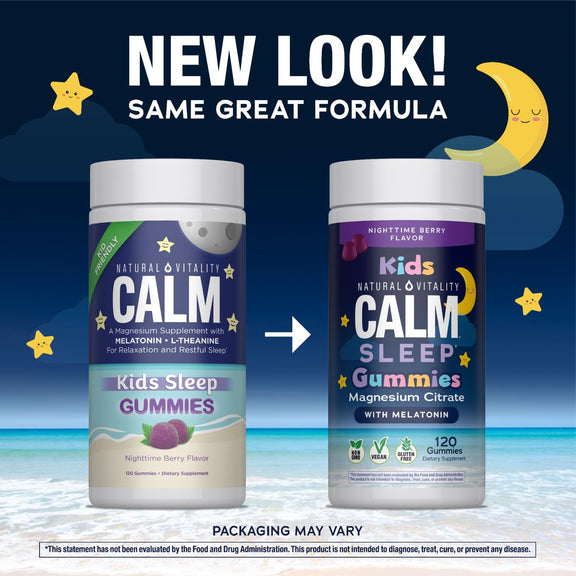View 3 New and old packaging for Kids Calm Sleep Gummies, 120 count, Nighttime Berry Flavor, Magnesium with Melatonin.