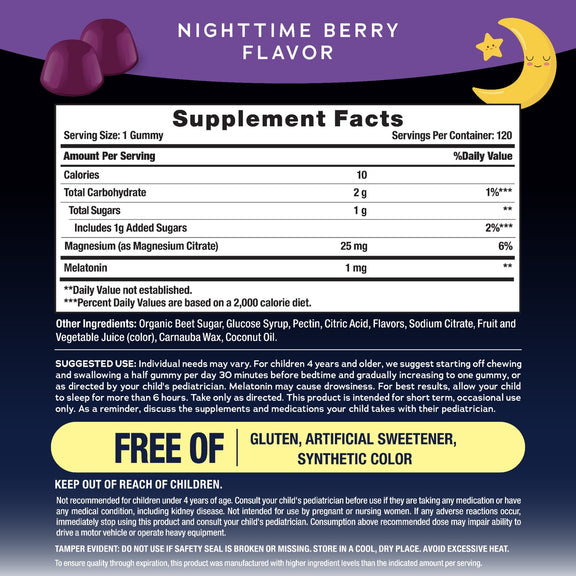 View 2 Supplement Facts panel for NV Kids Calm Sleep (Magnesium + Melatonin) Berry 120 Gummies.