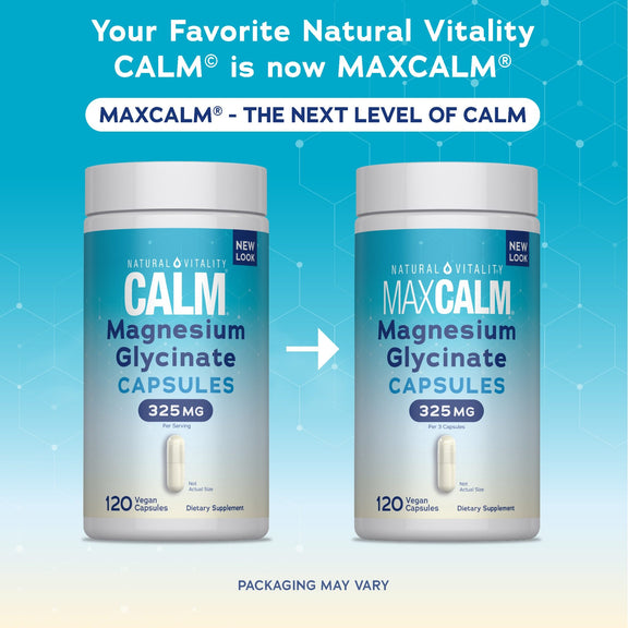 View 3 NV MaxCalm Magnesium Glycinate 325 mg 120 Capsules, formerly Natural Vitality CALM, features a refreshed design.