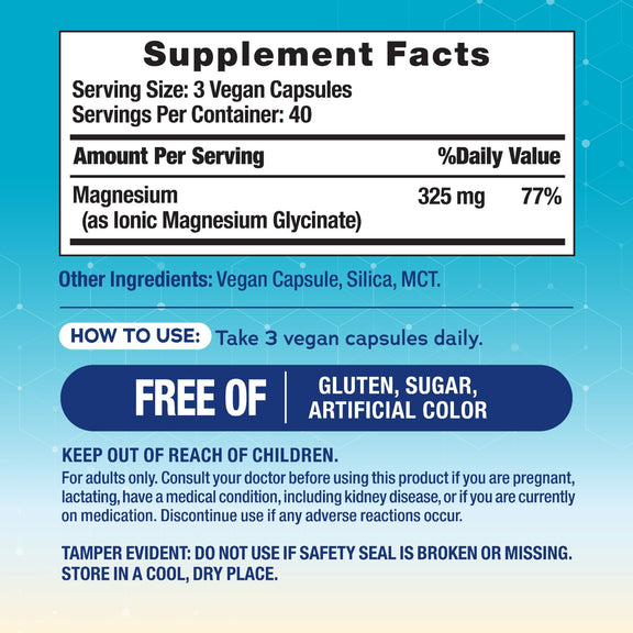 View 2 Supplement Facts panel for NV MaxCalm Magnesium Glycinate 325 mg in a bottle of 120 capsules.
