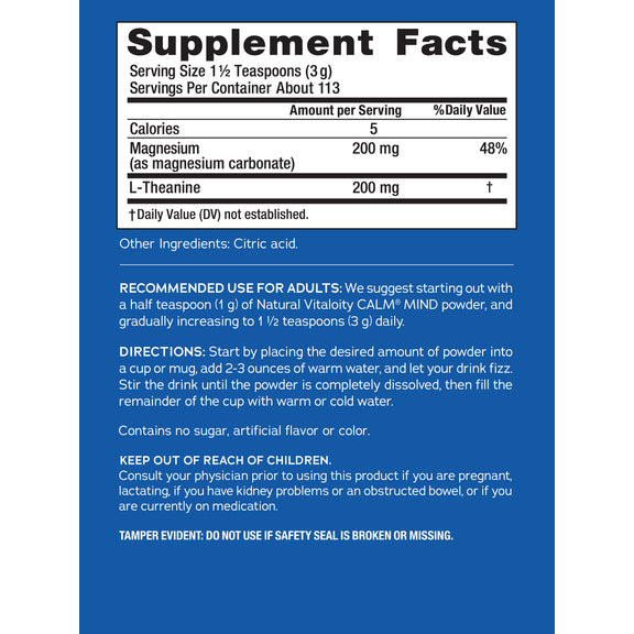 View 2 Supplement Facts panel for NV Calm Mind Mag + L-Theanine, 12 oz (339 g), detailing product ingredients and nutritional information.