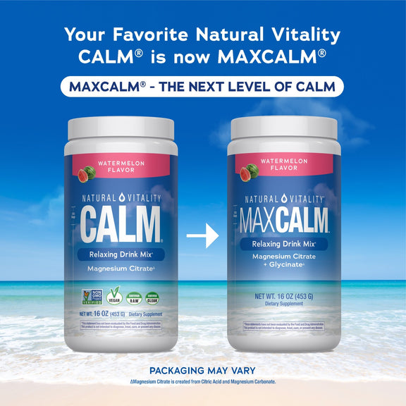 View 3 Natural Vitality CALM Watermelon 16 oz drink mix packaging shown with new name, Natural Vitality MAXCALM, for relaxation.
