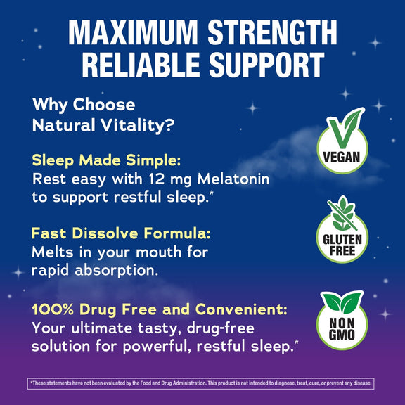 View 7 Product highlights graphic stating 12 mg Melatonin for restful sleep, Fast Dissolve Formula, 100% Drug Free solution for restful sleep.
