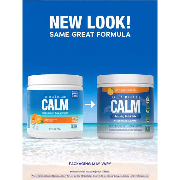 View 3 Natural Vitality Calm Orange 8 oz Powder tubs showing both old and new packaging designs.