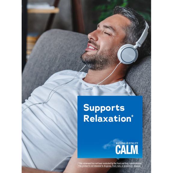View 4 Middle-aged man relaxing on a couch with headphones, next to a Calm product graphic.