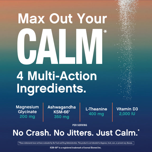 View 6 Product highlights graphic stating Max Out Your CALM, 4 Multi-Action Ingredients. No Crash. No Jitters. Just Calm.