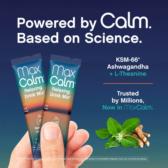 View 3 Max Calm Raspberry Lemonade Relaxing Drink Mix packs with KSM-66 Ashwagandha and L-Theanine displayed.