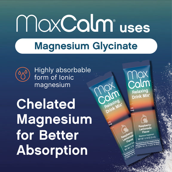 View 7 Max Calm Raspberry Lemonade Relaxing Drink Mix packs with Magnesium Glycinate for improved absorption.