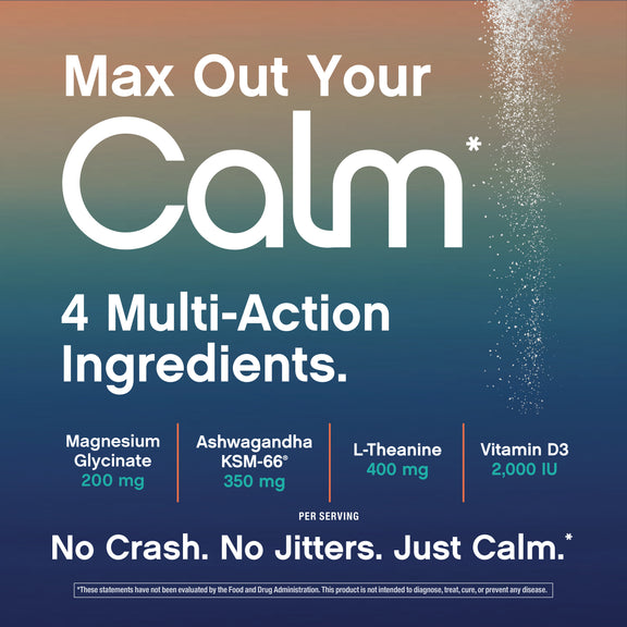 View 6 PB Max Calm graphic titled 'Max Out Your Calm' lists 4 ingredients, stating 'No Crash. No Jitters. Just Calm.'