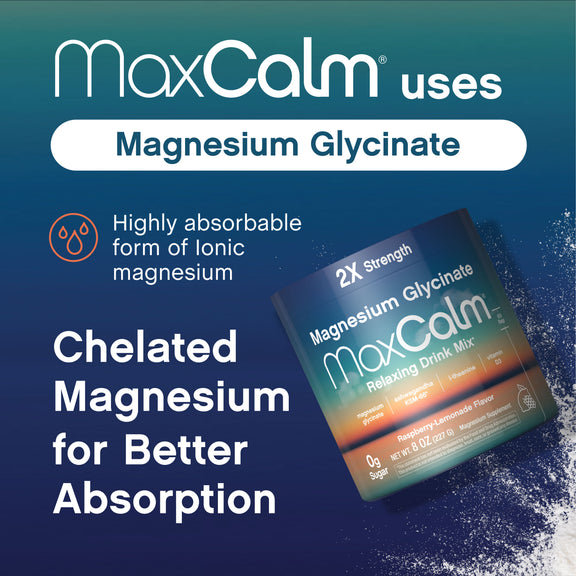 View 7 MaxCalm Magnesium Glycinate Relaxing Drink Mix, 8 OZ (227 G) powder in a jar. A calming supplement for stress relief.