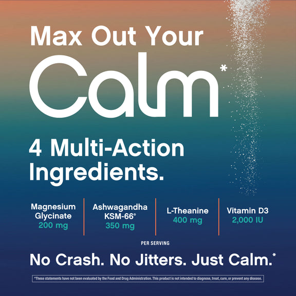 View 6 Max Calm graphic: 'Max Out Your Calm' with 4 multi-action ingredients. Claims: 'No Crash. No Jitters. Just Calm.'