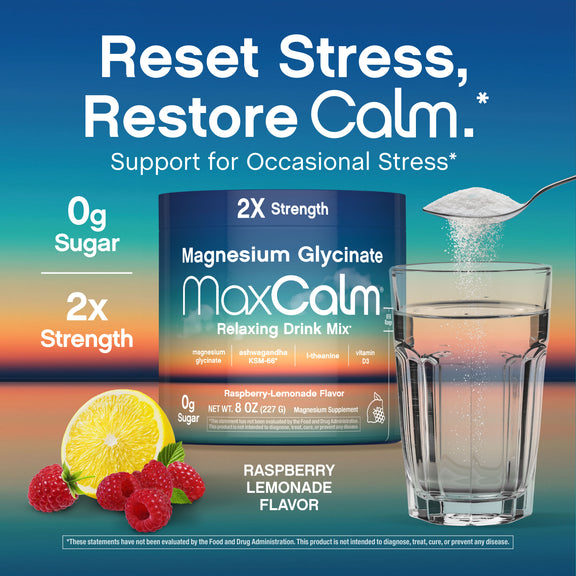 View 5 Magnesium Glycinate MaxCalm Drink Mix, Raspberry-Lemonade, 8 oz jar. 0g Sugar, double strength, relaxing formula.