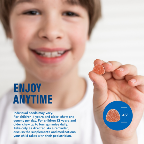 View 3 Child holds NV Kids Calm Gummy with 'ENJOY ANYTIME' text; gummy shown as 0.45 inches tall.