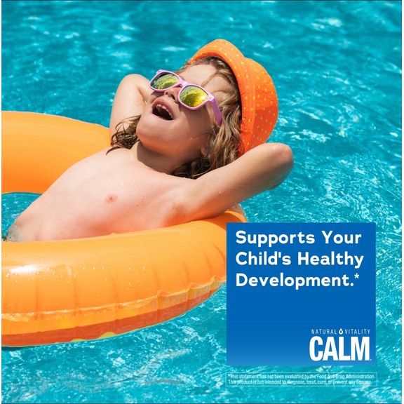 View 4 A young child in sunglasses and an orange hat floats relaxed on an orange ring in a blue swimming pool, featuring the Kids Calm logo.
