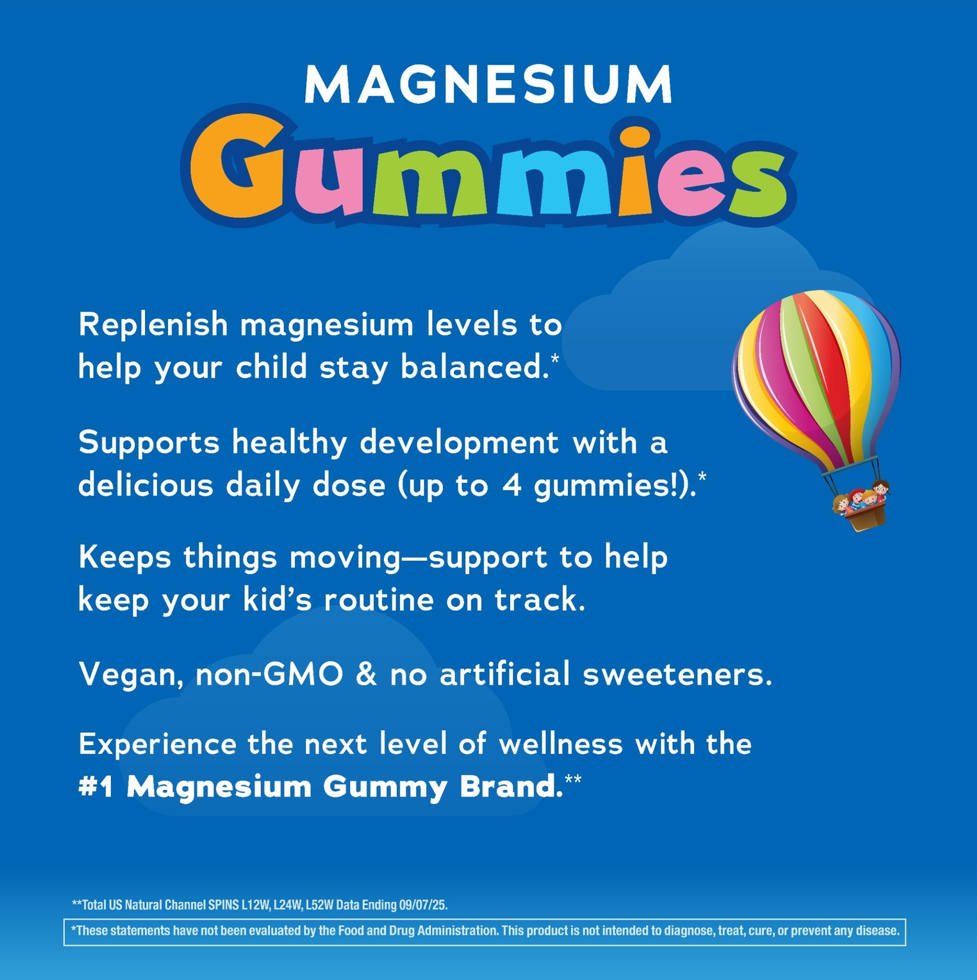 IMAGE 5 of 5 - Product highlights graphic stating Magnesium for child balance, healthy development (up to 4 gummies), keeps kid's routine on track, vegan, non-GMO, no artificial sweeteners,