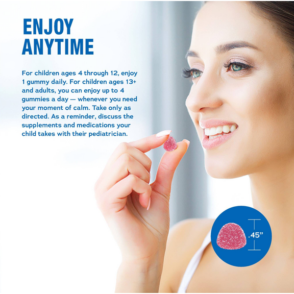 View 4 NV Calm Rasp Lemon Gummy held by a woman. Gummy size: .45''. Text: 'ENJOY ANYTIME. Ages 4-12: 1 daily. Ages 13+: up to 4 daily.'