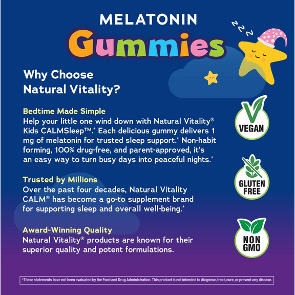 View 5 Infographic stating: Melatonin Gummies for sleep, non-habit forming, 100% drug-free, parent-approved. Superior quality, Vegan, Gluten Free, Non GMO.
