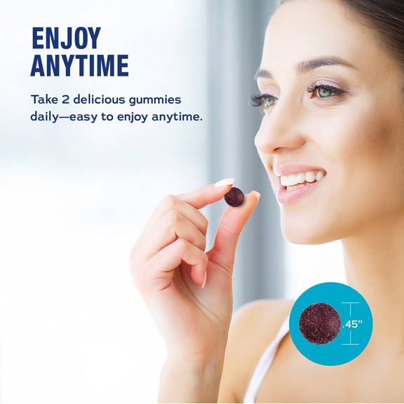 View 3 NV MaxCalm Magnesium Glycinate gummy (.45 inch). Text: 'ENJOY ANYTIME', 'Take 2 daily, easy to enjoy anytime.'
