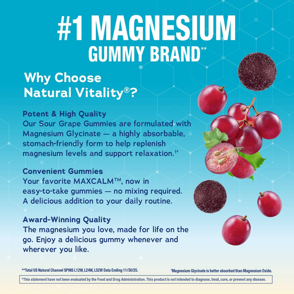 View 5 Sour Grape Magnesium Glycinate Gummies, the top magnesium gummy brand. Highly absorbable, stomach-friendly, easy-to-take.