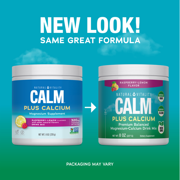 View 3 Natural Vitality Calm Plus Calcium Raspberry-Lemon 8 oz drink mix packaging shown with new look, same great formula.