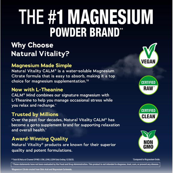 View 6 Infographic showing the top magnesium powder brand: Award-Winning Quality, Vegan, Certified Raw, Certified Clean, Non-GMO.