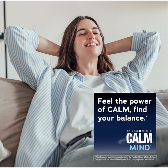 View 5 Young woman smiling with eyes closed, relaxing on a couch next to a Calm Mind product graphic.