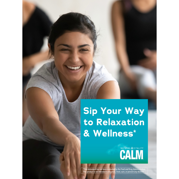 View 5 A young woman smiling during yoga with a Natural Vitality Calm product graphic overlay.