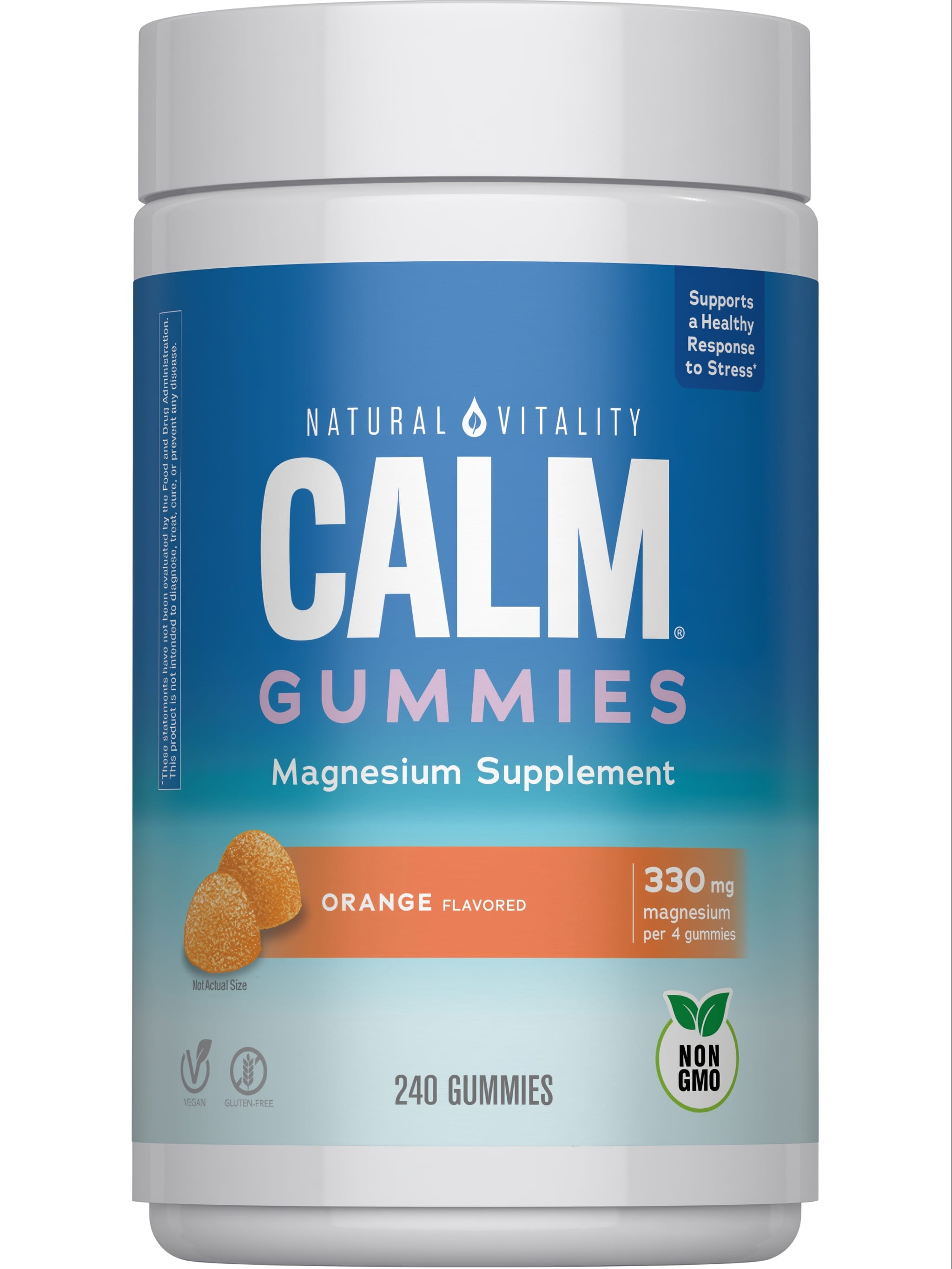 Natural Vitality Calm Gummies, orange flavored magnesium supplement, contains 240 gummies.
