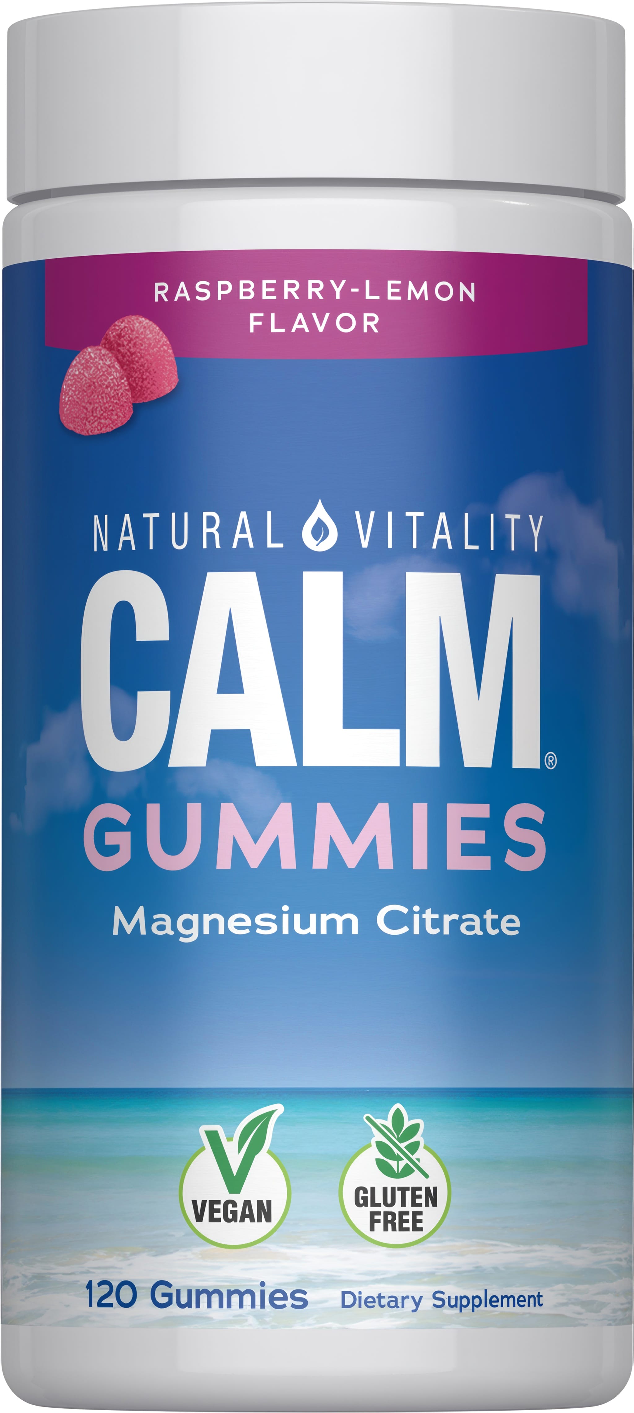 Natural Vitality Calm Raspberry-Lemon Gummies, Magnesium Citrate, 120 Gummies, Vegan and Gluten Free.