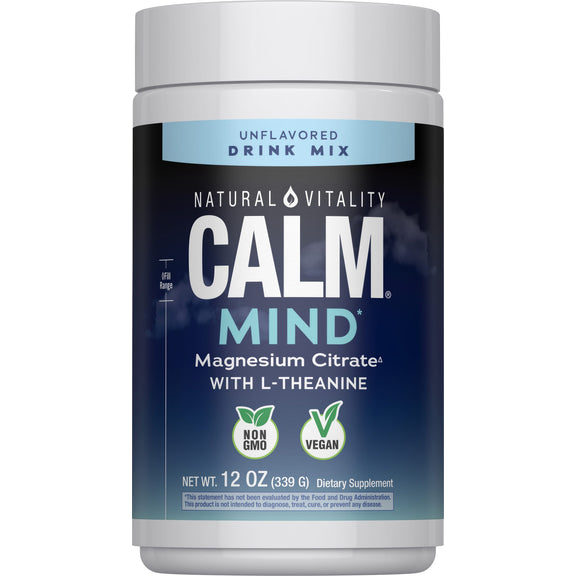 View 1 NV Calm Mind Magnesium Citrate with L-Theanine, unflavored drink mix, 12 oz, non-GMO and vegan.