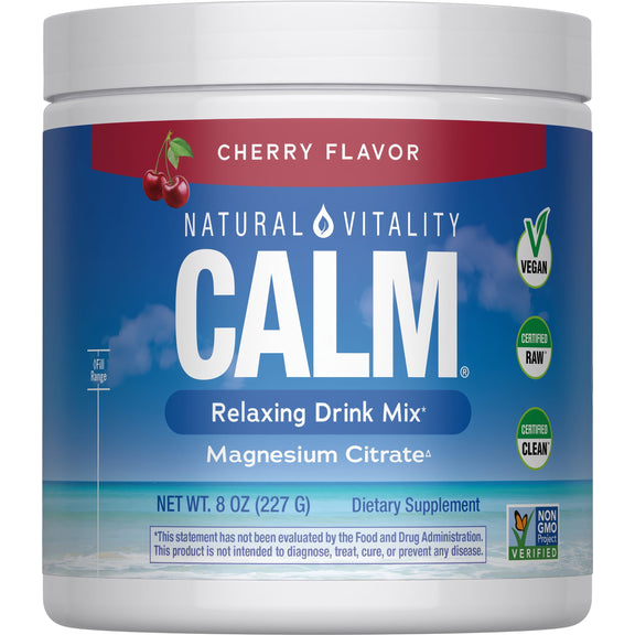 View 1 Natural Vitality Calm Cherry Flavor is a relaxing drink mix with magnesium citrate, available in an 8 oz (227 g) package.