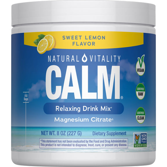 View 1 Natural Vitality Calm Relaxing Drink Mix, Sweet Lemon flavor, Magnesium Citrate powder, net weight 8 oz (227 g).