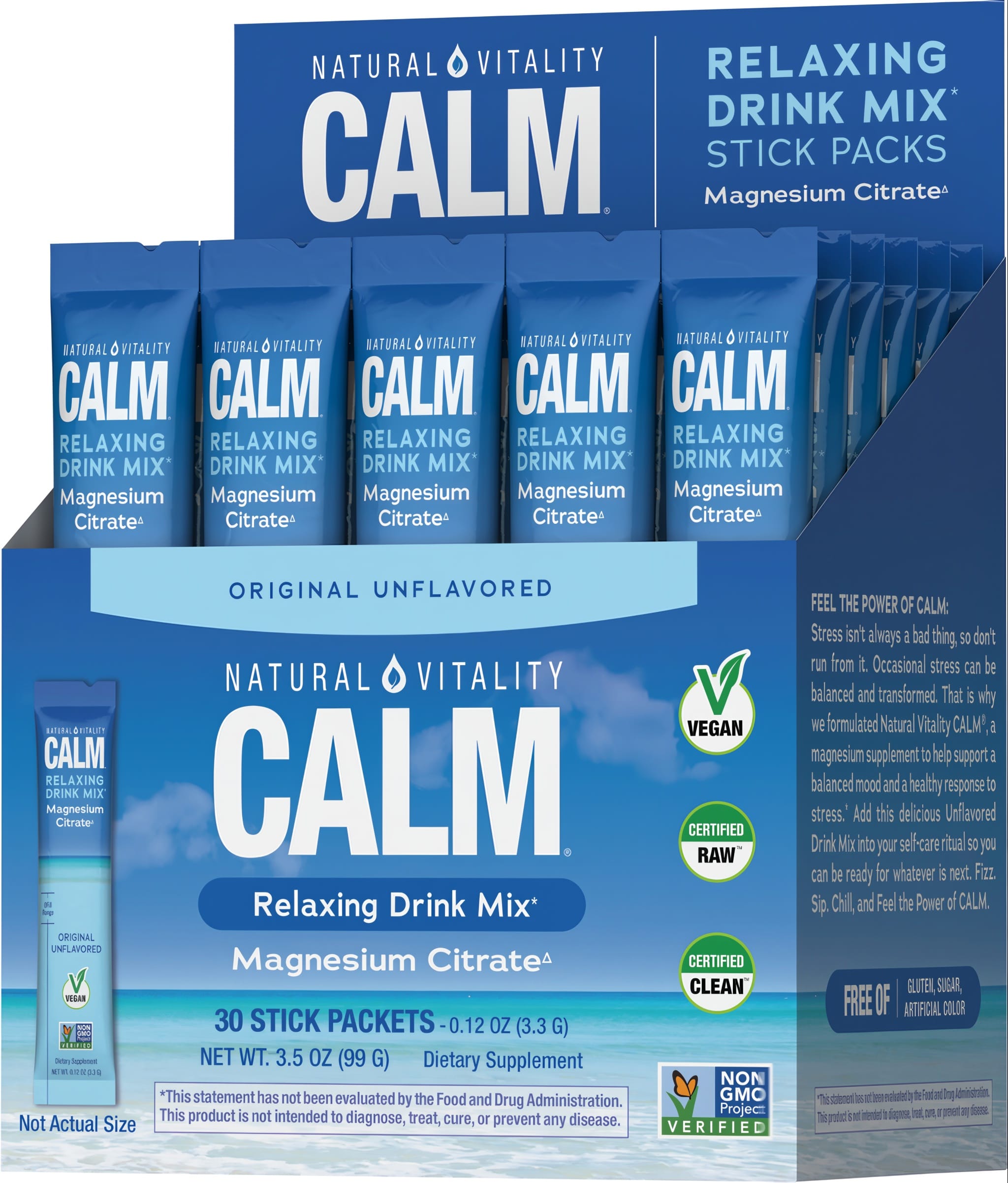 Calm Original Unflavored Relaxing Drink Mix with Magnesium Citrate, including 30 stick packets, 3.5 oz (99 g).
