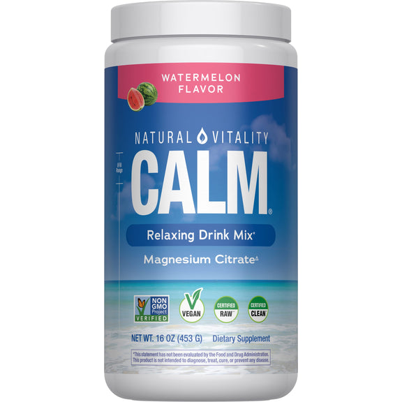 View 1 Natural Vitality Calm Watermelon Flavor, 16 oz magnesium citrate drink mix for relaxation.