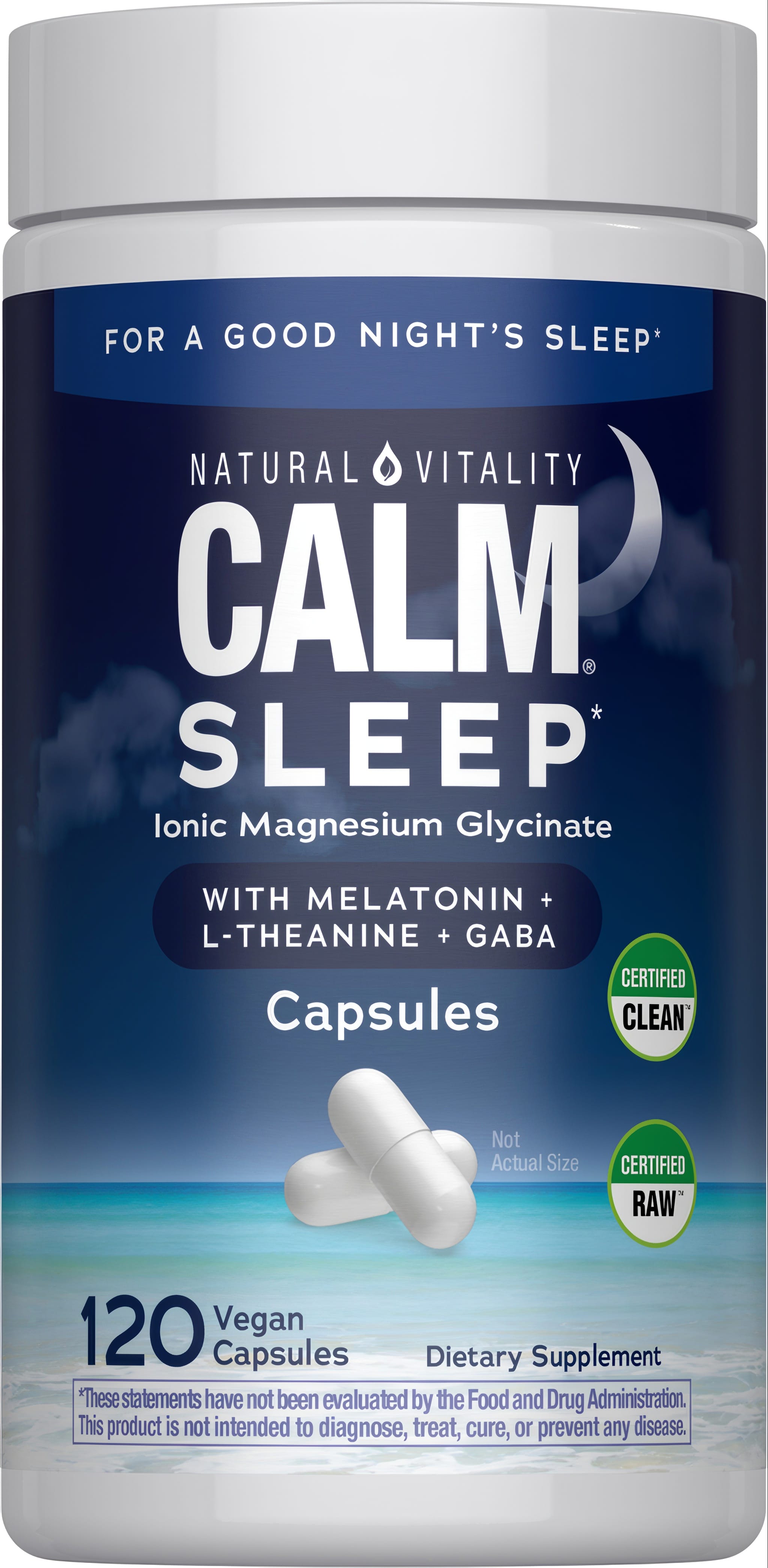 Natural Vitality Calm Sleep with Magnesium Glycinate, Melatonin, L-Theanine, and GABA - 120 Vegan Capsules.